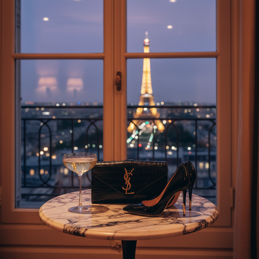 A luxurious Yves Saint Laurent–inspired editorial vignette of a Paris night, captured from within a high-floor salon. A small round marble table stands near tall French windows, holding a crystal coupe with champagne, a black crocodile-embossed clutch with gold YSL-style hardware, and a pair of sculptural black stilettos artfully aligned, yet no wearer in sight. Beyond the glass, the Eiffel Tower glows softly out of focus, surrounded by twinkling city lights. Warm interior lighting mingles with cool bluish night light from outside, creating a nuanced, cinematic color contrast. Photographic realism, shot at eye level with the table on the rule of thirds, crafting an atmosphere of hushed, after-hours sophistication and intimate Parisian glamour.