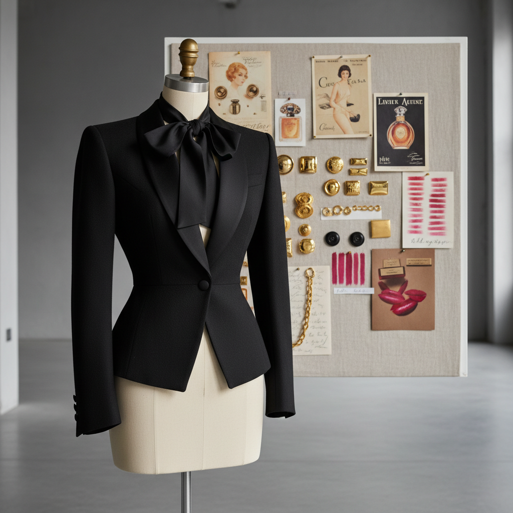A close-up detail of a Yves Saint Laurent–style couture ensemble displayed on a headless dress form in a minimalist studio. The garment is a black smoking jacket in perfectly tailored wool grain de poudre, with satin lapels and a sharply cinched waist, paired with a silk bow at the collar. Behind it, moodboards of vintage perfume ads, gold hardware, and lipstick swatches are pinned to a linen-covered wall. Soft studio lighting from overhead and slightly to the right creates gentle highlights along the lapels and texture-rich shadows in the folds. Shot at three-quarter angle with shallow depth of field, photographic realism, conveying intellectual luxury and the precision of Parisian tailoring artistry.