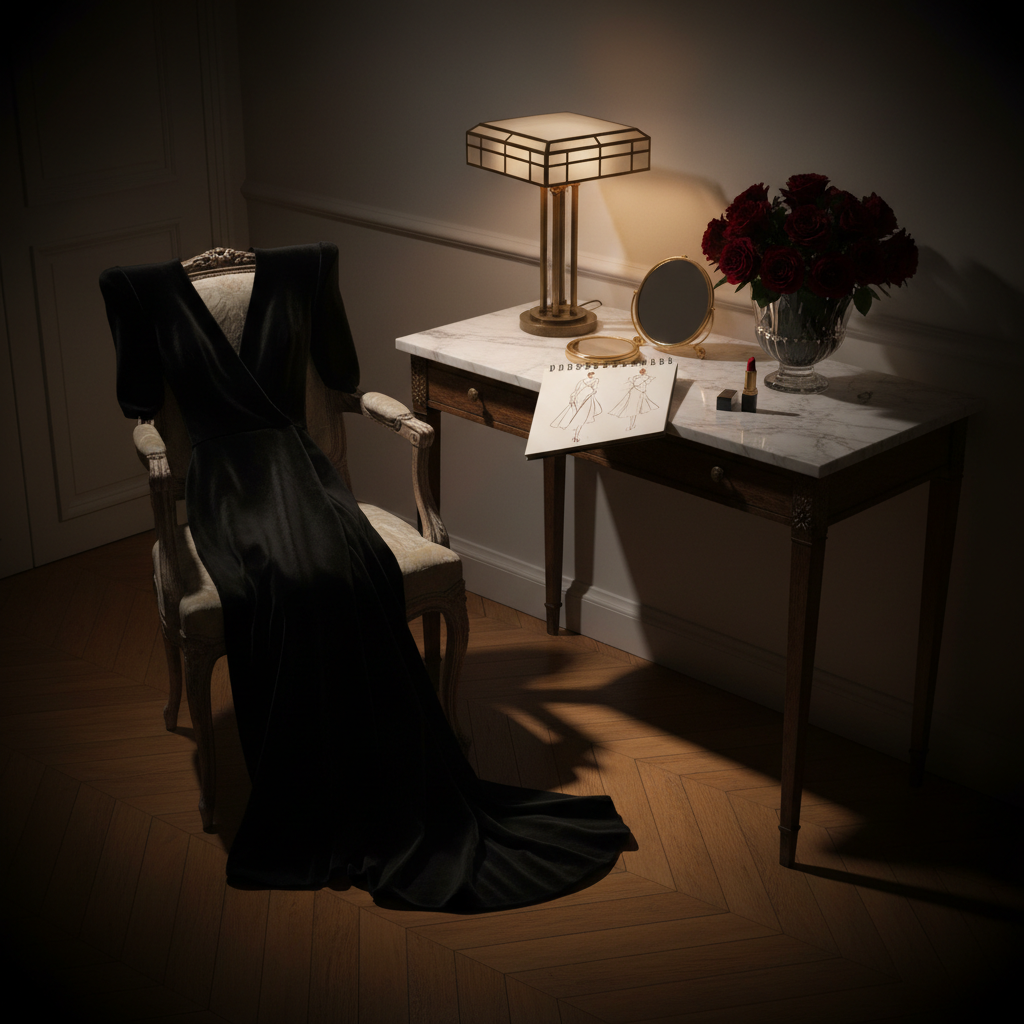 An opulent YSL-inspired dressing table in a dimly lit Parisian apartment, without any people present. A couture black velvet gown with structured shoulders is carefully draped over an antique Louis XVI chair, its fabric catching the light with a soft sheen. On the marble-topped console, an open sketchbook reveals fluid fashion illustrations, next to a gold compact, a deep red lipstick, and a crystal vase filled with dark red roses. A single Art Deco table lamp casts warm, cinematic side lighting, creating elongated shadows on the herringbone parquet floor. Photographic realism, eye-level composition with a gentle vignette, capturing a mood of private glamour and behind-the-scenes haute couture sophistication.