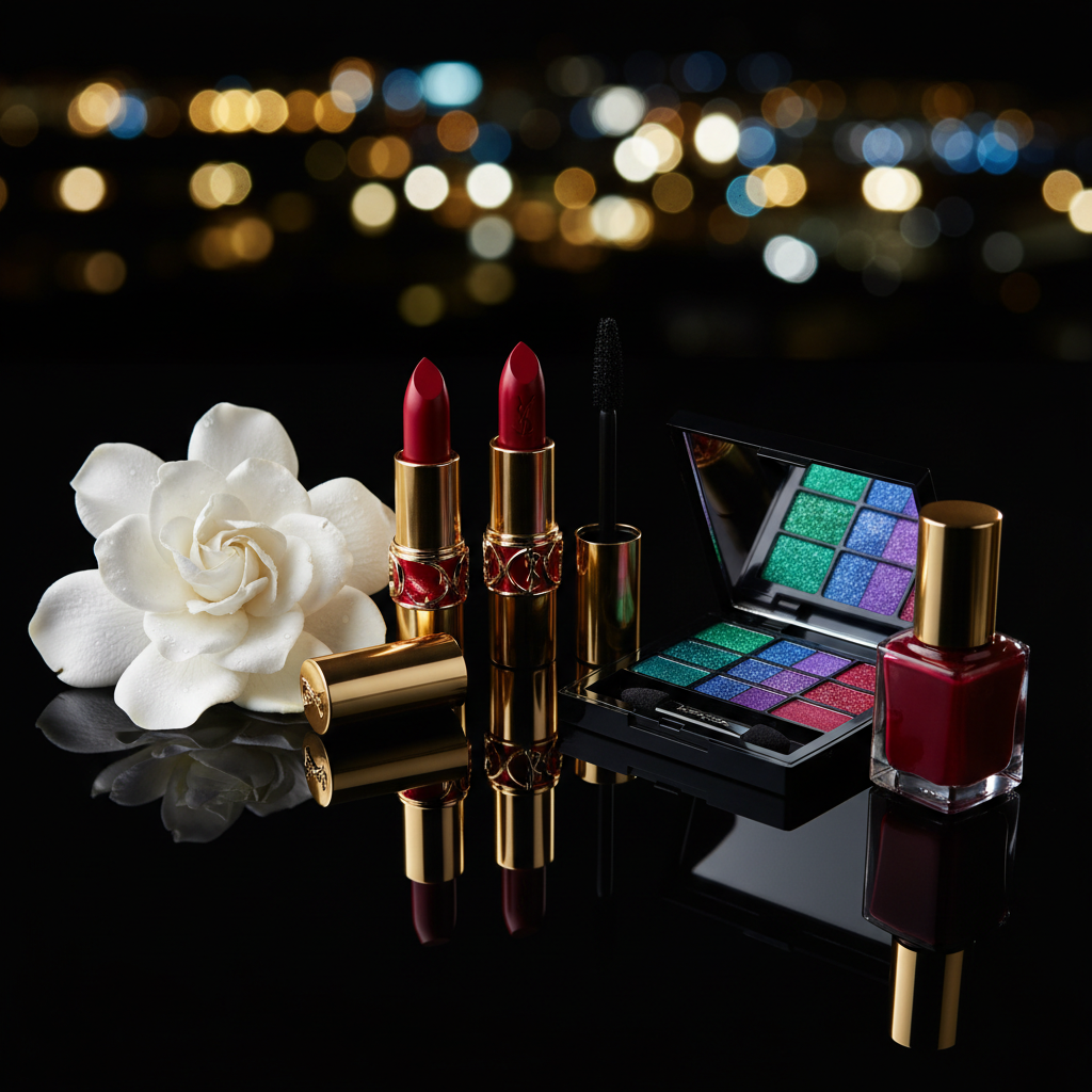 An exquisitely styled YSL-inspired makeup still life arranged on a glossy black surface that reflects every object like a dark mirror. Deep red lipsticks, gold-capped mascara, a black and gold eyeshadow palette with shimmering jewel tones, and an elegant glass bottle of nail lacquer are positioned with geometric precision. A single white gardenia lies beside them, its velvety petals contrasting with the hard metallic lines. Dramatic, directional studio lighting from the side creates high-contrast highlights and inky shadows, with luminous bokeh from out-of-focus city lights in the distant background. Photographic realism, low-angle close-up emphasizing texture and reflection, evoking the seductive, nocturnal glamour of a luxury beauty campaign without any human presence.
